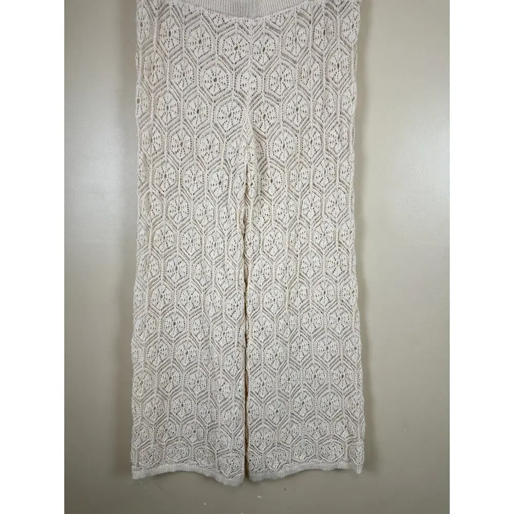 Women’s Crochet Lace Cover Up Pants Cream Boho Cottagecore Resortwear Size L